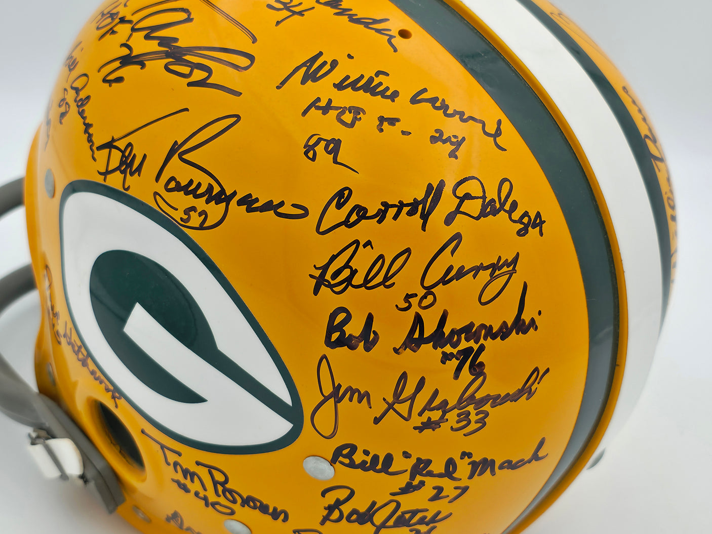 1966 Super Bowl I Champions Green Bay Packers Team Autographed Yellow Full Size Replica Helmet With 32 Signatures Including Bart Starr & Jim Taylor Beckett BAS #AE16656