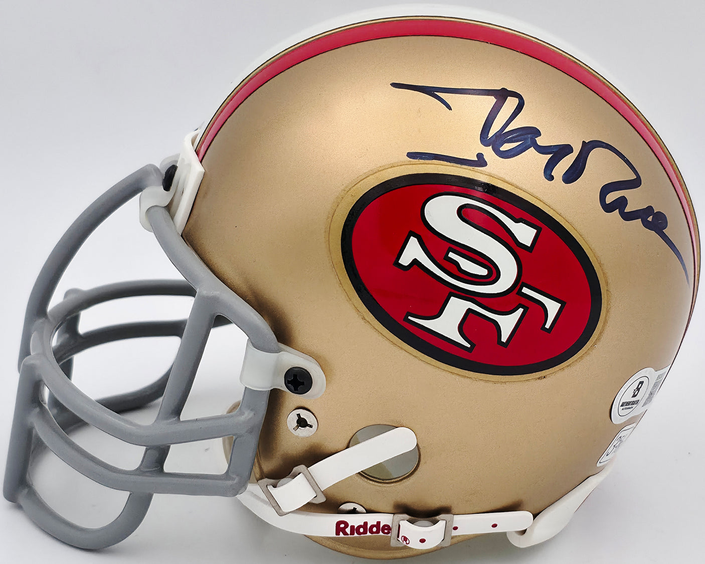 Jerry Rice Autographed San Francisco 49ers Gold Mini Helmet Beckett BAS QR #BS30079