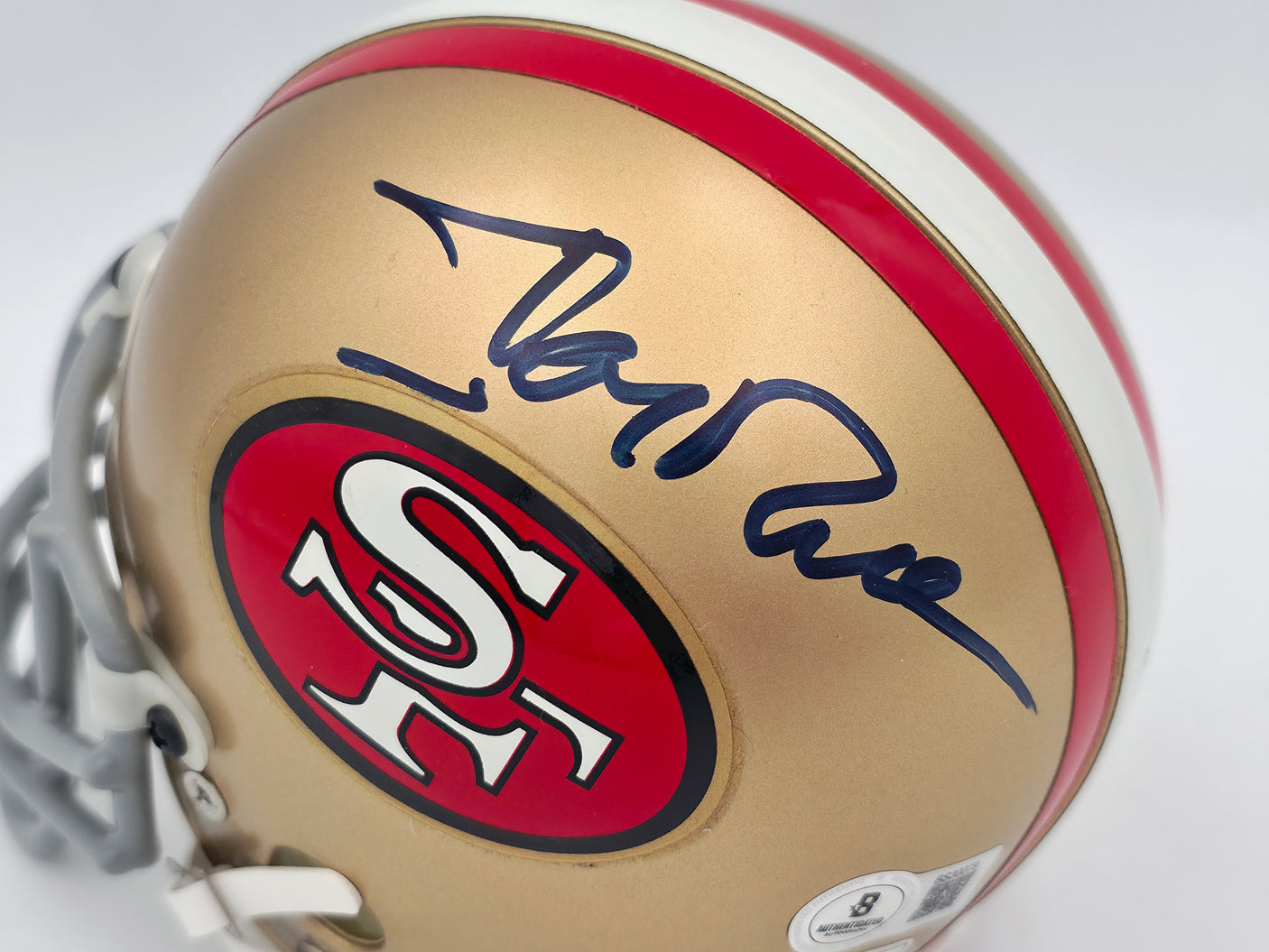 Jerry Rice Autographed San Francisco 49ers Gold Mini Helmet Beckett BAS QR #BS30079