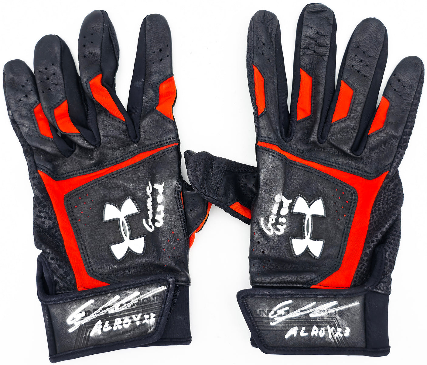 Gunnar Henderson Autographed Game Used Rookie Black & Orange Under Armour Batting Gloves Baltimore Orioles "AL ROY 23 Game Used" Beckett BAS Witness #1W492697 & 1W492698