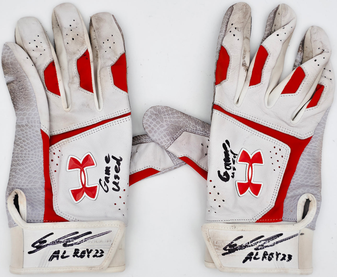 Gunnar Henderson Autographed Game Used Rookie White & Orange Under Armour Batting Gloves Baltimore Orioles "AL ROY 23 Game Used" Beckett BAS Witness #1W492701 & 1W492702