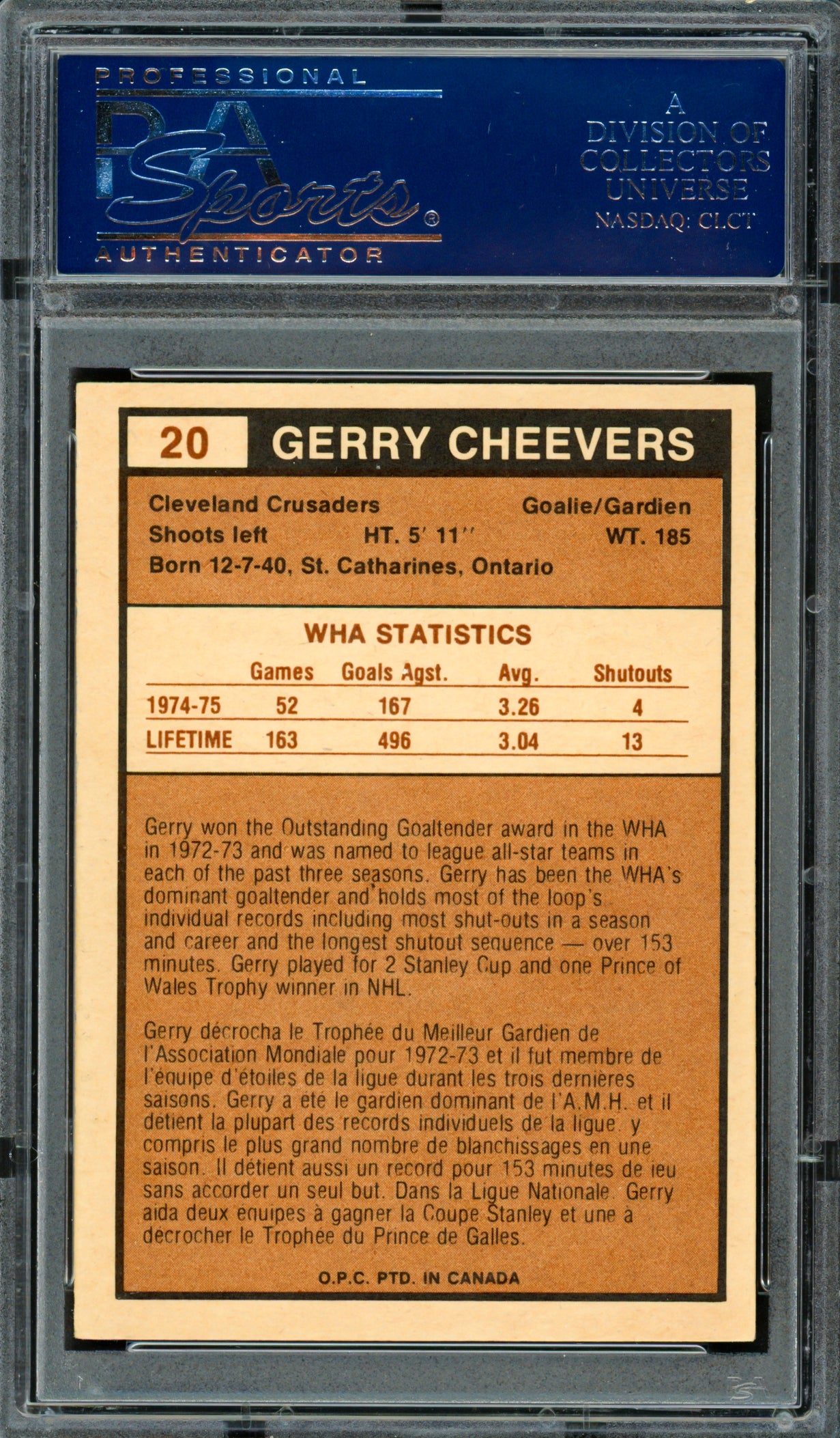 Gerry Cheevers Autographed 1975-76 O-Pee-Chee WHA Card #20 Cleveland Crusaders PSA/DNA #83466477