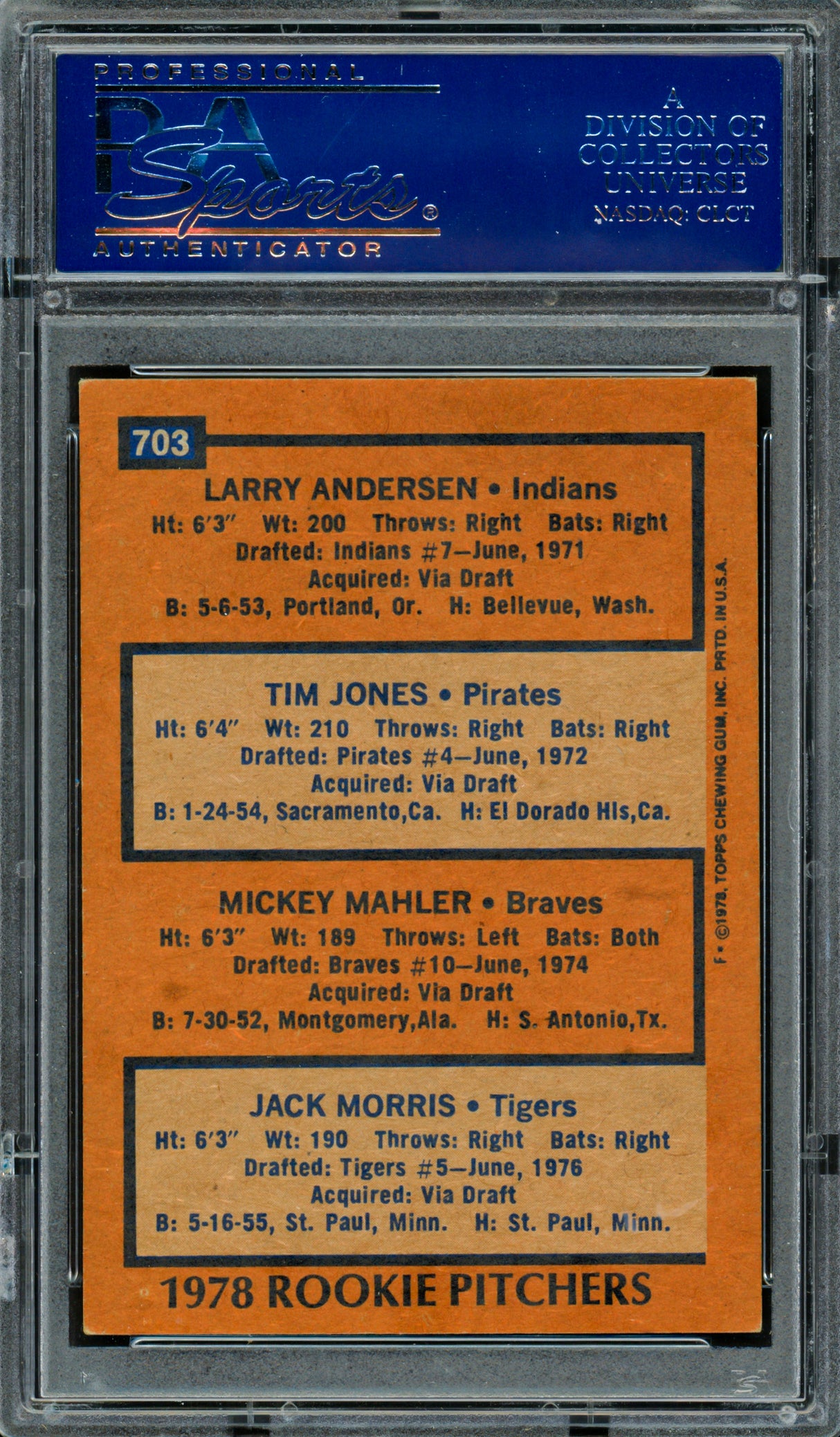 Jack Morris, Mickey Mahler & Larry Andersen Autographed 1978 Topps Rookie Card #703 PSA/DNA #83308998