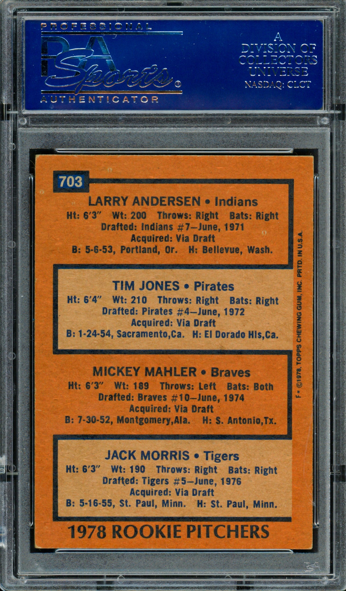 Jack Morris, Mickey Mahler & Larry Andersen Autographed 1978 Topps Rookie Card #703 PSA/DNA #83309001