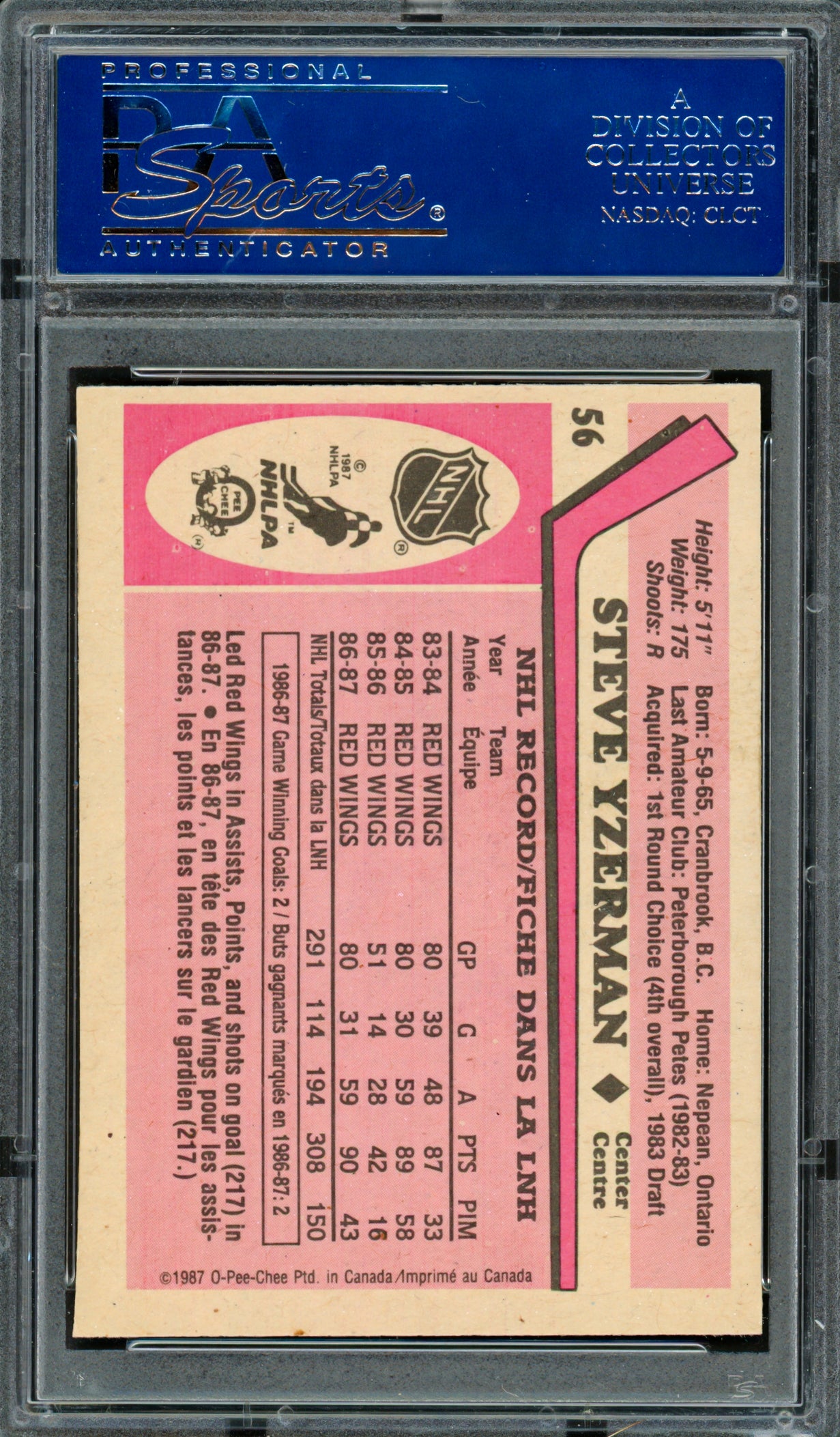 Steve Yzerman Autographed 1987-88 O-Pee-Chee Card #56 Detroit Red Wings PSA/DNA #83110472