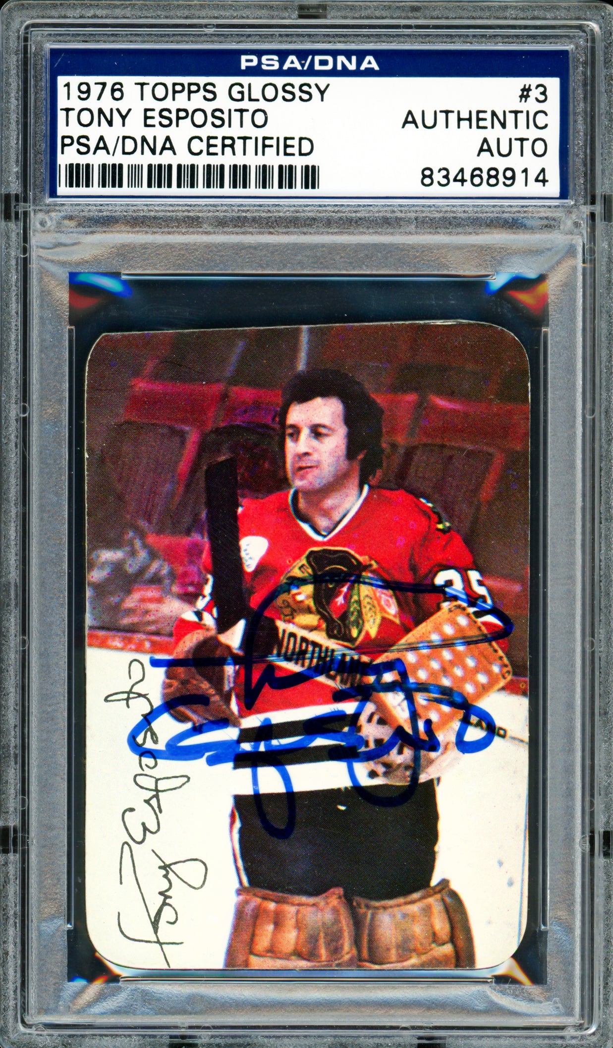 Tony Esposito Autographed 1976-77 Topps Glossy Card #3 Chicago Blackhawks PSA/DNA #83468914