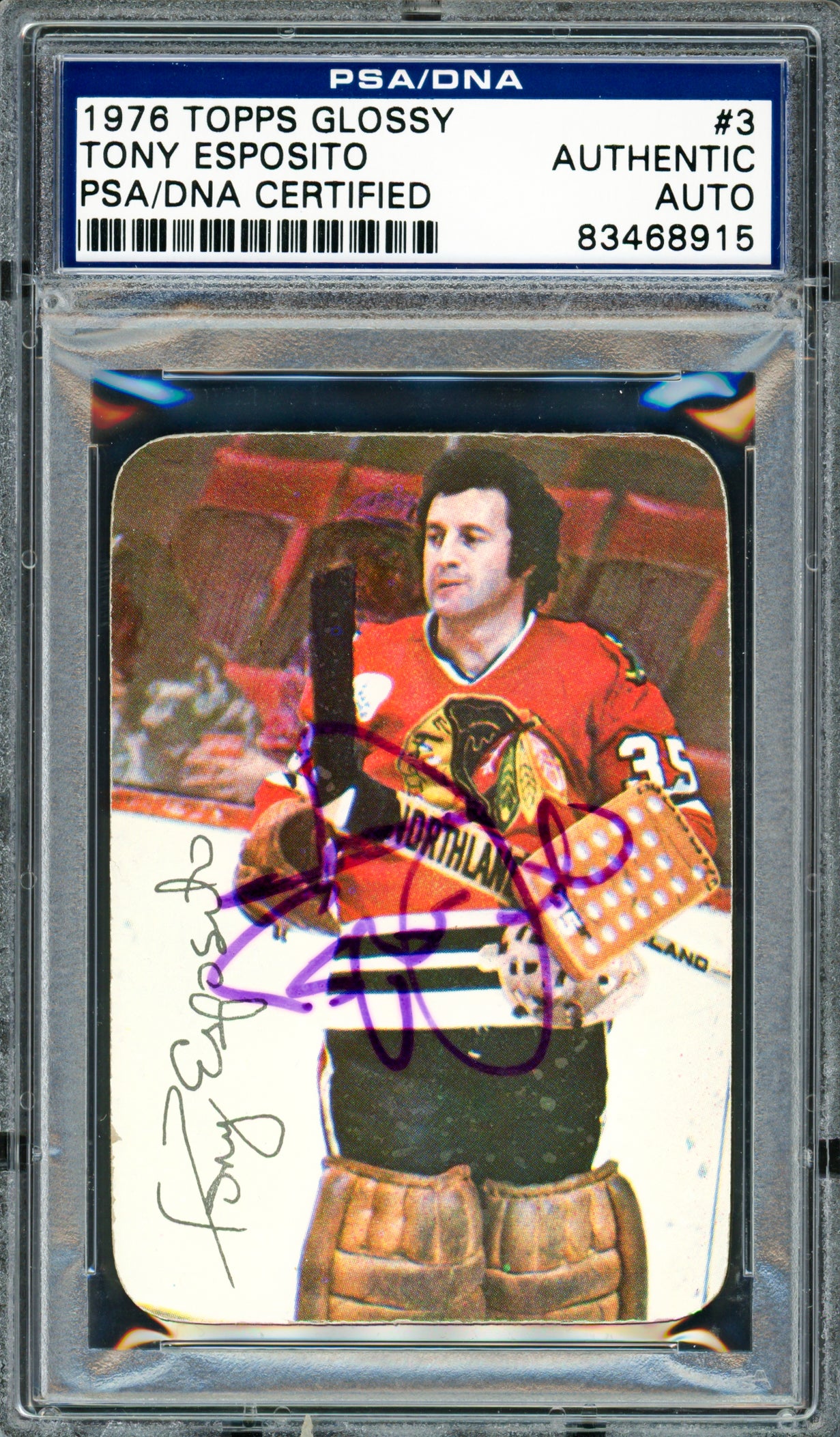 Tony Esposito Autographed 1976-77 Topps Glossy Card #3 Chicago Blackhawks PSA/DNA #83468915