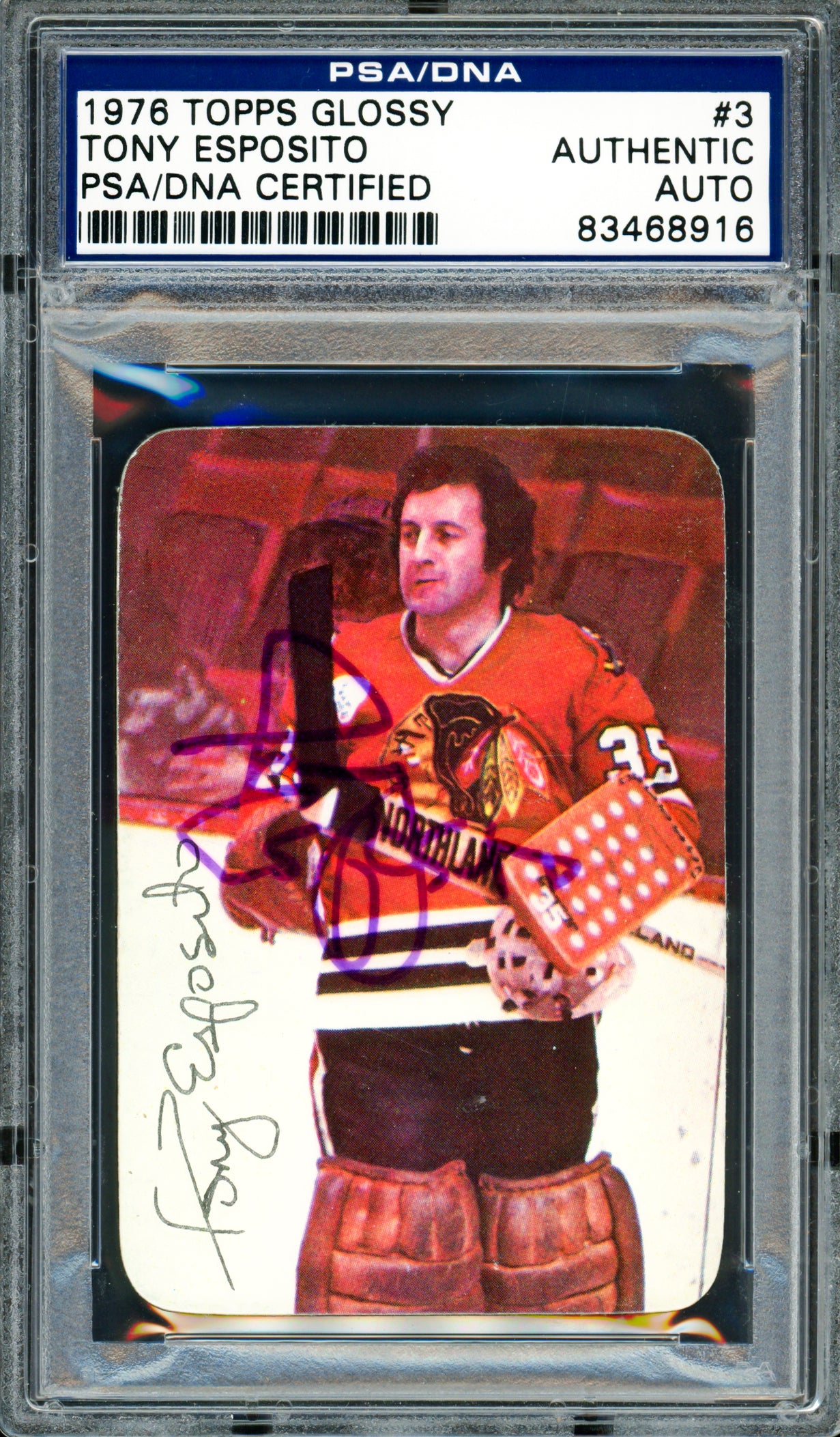 Tony Esposito Autographed 1976-77 Topps Glossy Card #3 Chicago Blackhawks PSA/DNA #83468916