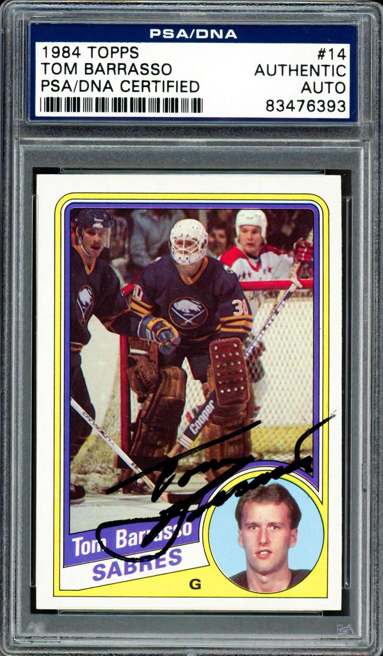 Tom Barrasso Autographed 1984-85 Topps Rookie Card #14 Buffalo Sabres PSA/DNA #83476393