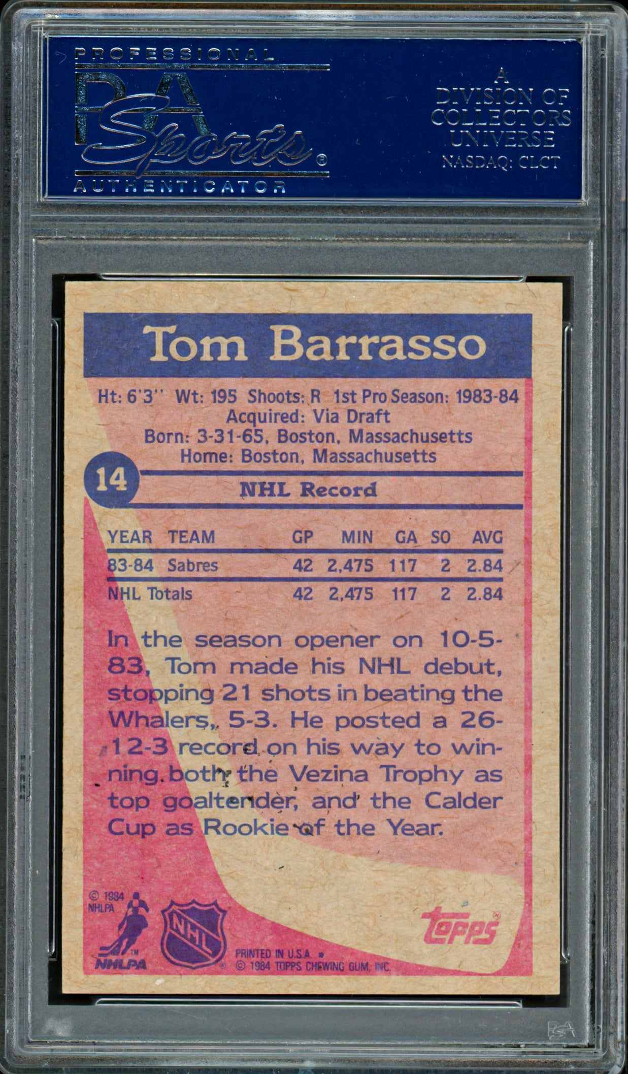 Tom Barrasso Autographed 1984-85 Topps Rookie Card #14 Buffalo Sabres PSA/DNA #83476393