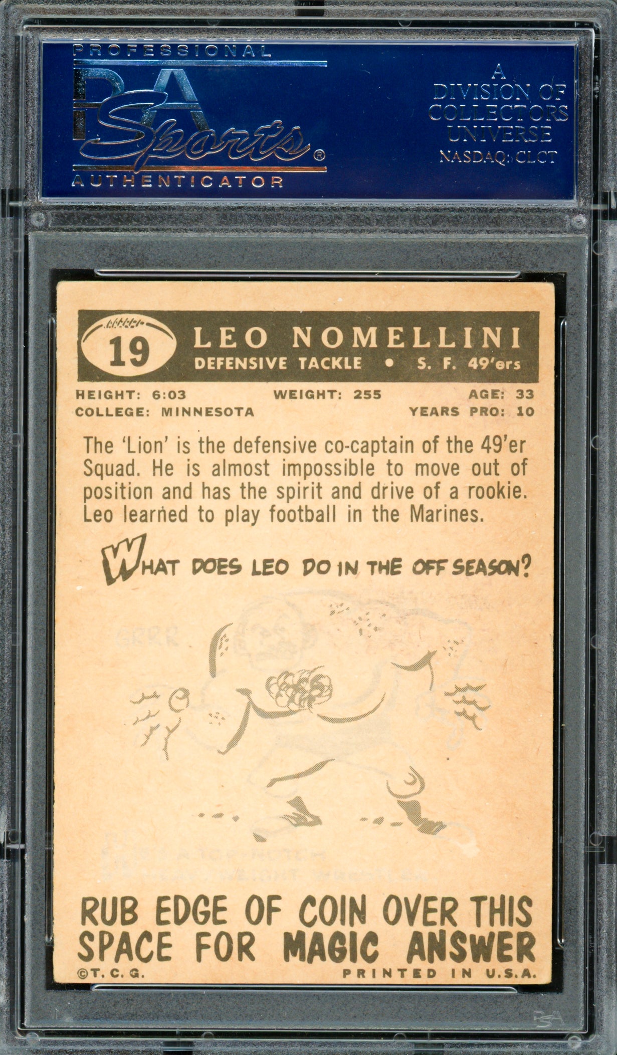 Leo Nomellini Autographed 1959 Topps Card #19 San Francisco 49ers PSA/DNA #83313493