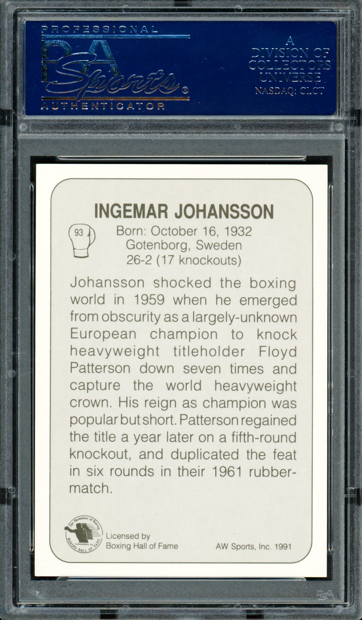 Ingemar Johansson Autographed 1991 AW Sports Card #93 PSA/DNA #83314027