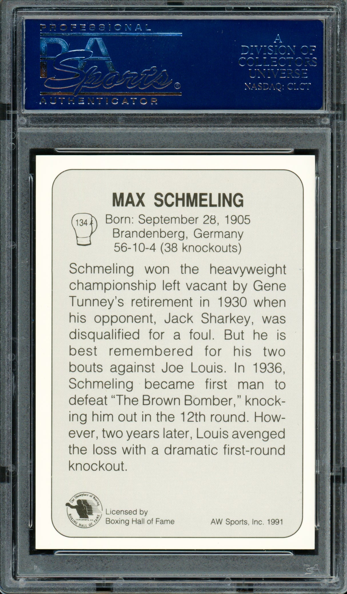 Max Schmeling Autographed 1991 AW Sports Card #134 PSA/DNA #83314040
