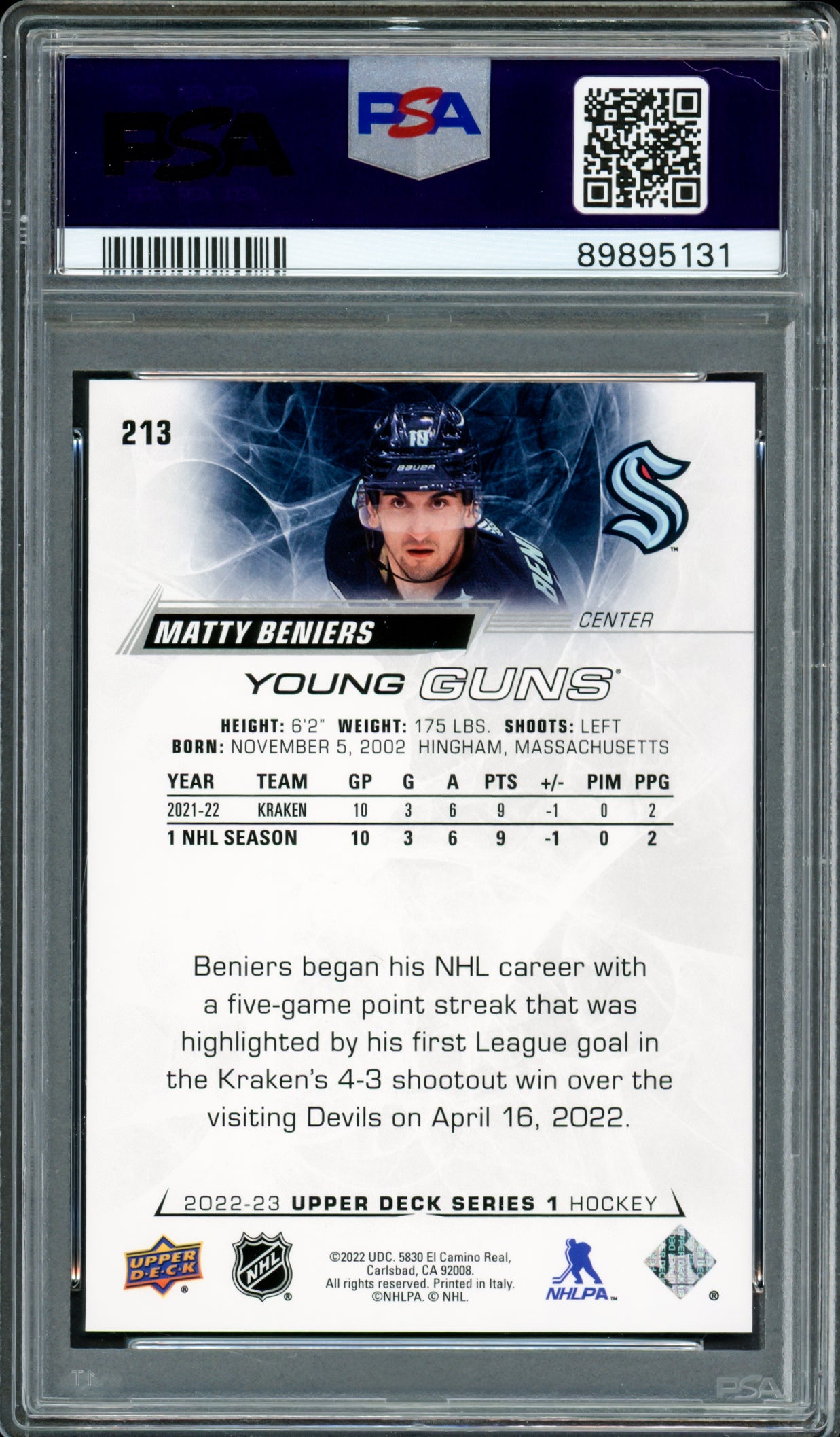 Matty Beniers Autographed 2022 Upper Deck Young Guns Rookie Card #213 Seattle Kraken PSA 10 Auto Grade Gem Mint 10 PSA/DNA #89895131