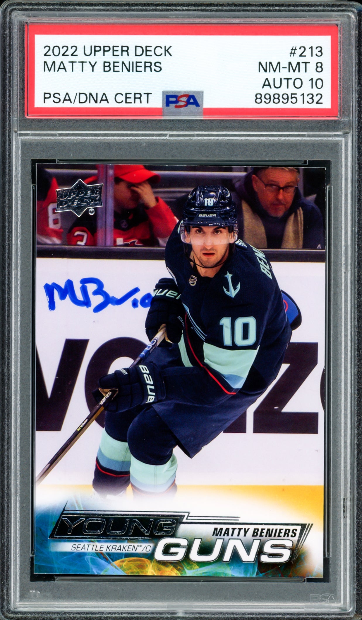 Matty Beniers Autographed 2022 Upper Deck Young Guns Rookie Card #213 Seattle Kraken PSA 8 Auto Grade Gem Mint 10 PSA/DNA Stock #233436