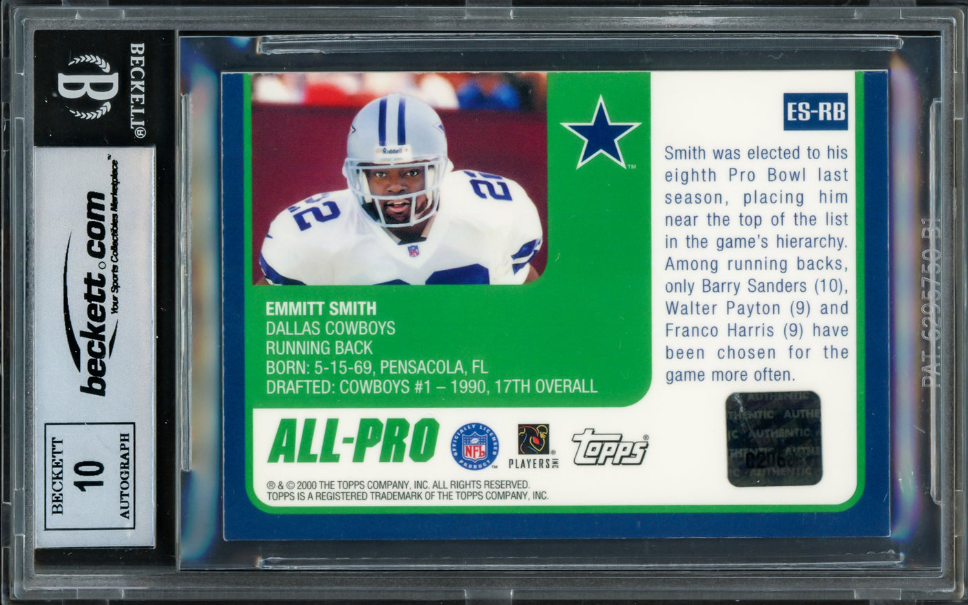Emmitt Smith Autographed 2000 Topps Pro Bowl Jerseys Card #ESRB Dallas Cowboys Auto Grade Gem Mint 10 With Pro Bowl Game Used Patch Beckett BAS #16890880