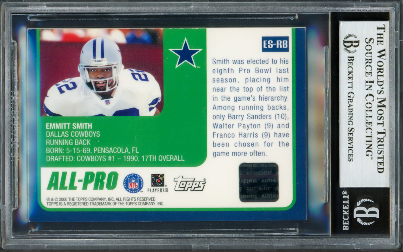 Emmitt Smith Autographed 2000 Topps Pro Bowl Jerseys Card #ESRB Dallas Cowboys With Pro Bowl Game Used Patch Beckett BAS #16900953