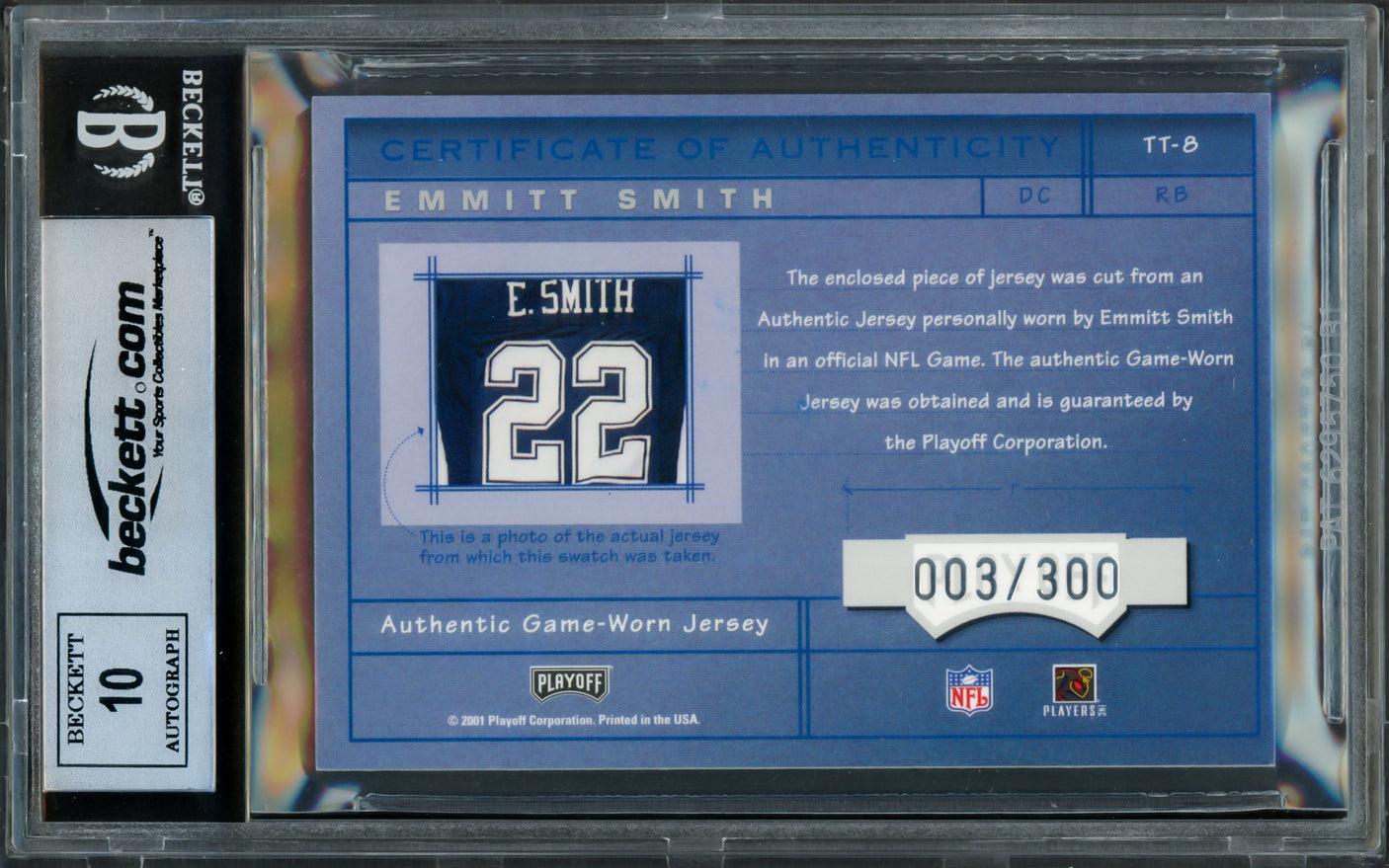 Emmitt Smith Autographed 2001 Absolute Memorabilia Tools of the Trade Card #TT8 Dallas Cowboys Auto Grade Gem Mint 10 With Game Used Jersey Patch #3/300 Beckett BAS #16891201