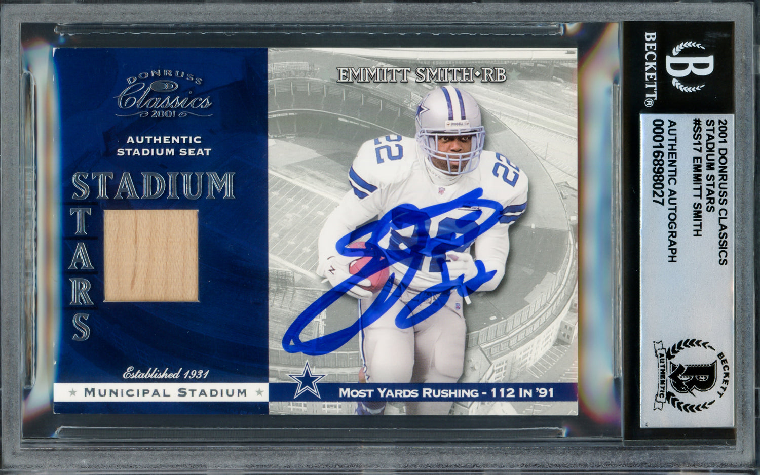 Emmitt Smith Autographed 2001 Donruss Classics Stadium Stars Card #SS17 Dallas Cowboys Auto Grade Gem Mint 10 With Stadium Seat Relic Beckett BAS #16898027