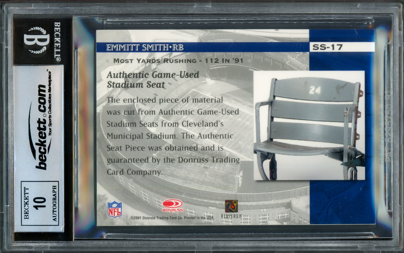 Emmitt Smith Autographed 2001 Donruss Classics Stadium Stars Card #SS17 Dallas Cowboys Auto Grade Gem Mint 10 With Stadium Seat Relic Beckett BAS #16898027
