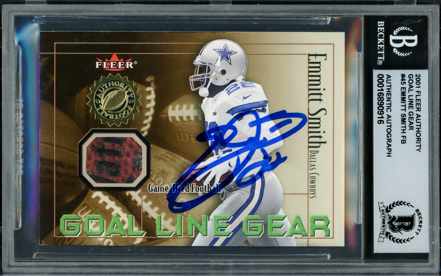 Emmitt Smith Autographed 2001 Fleer Authority Goal Line Gear Card #45 Dallas Cowboys Auto Grade Gem Mint 10 With Game Used Football Relic Beckett BAS #16890916