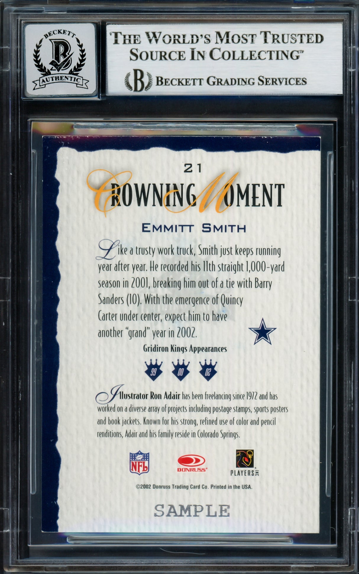 Emmitt Smith Autographed 2002 Donruss Gridiron Kings Samples Card #21 Dallas Cowboys Auto Grade Gem Mint 10 Beckett BAS #16898203