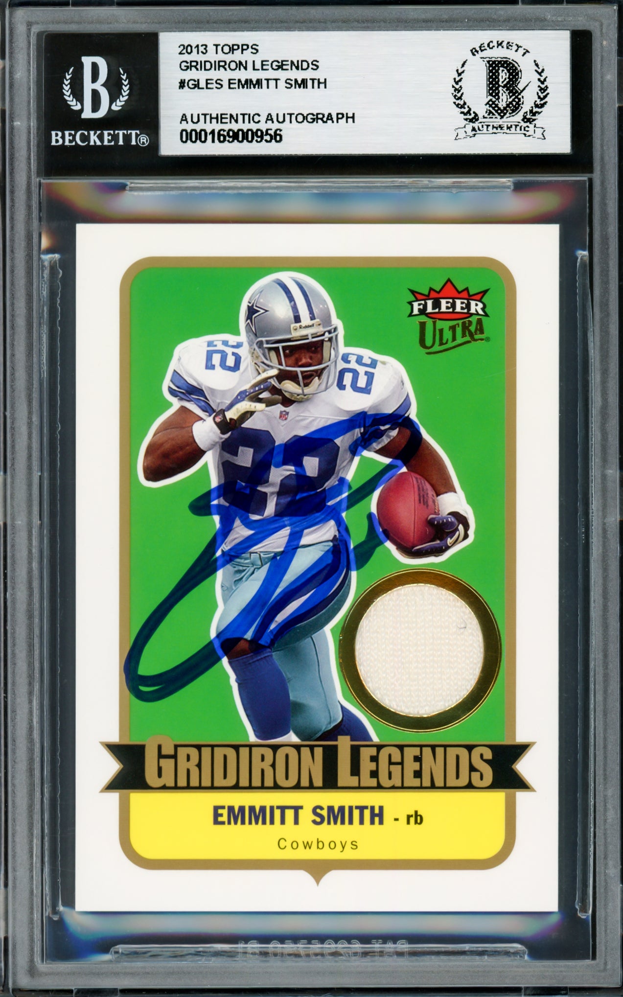 Emmitt Smith Autographed 2013 Topps Gridiron Legends Game Used Jersey Card #GLES Dallas Cowboys With Game Used Jersey Patch Beckett BAS #16900956