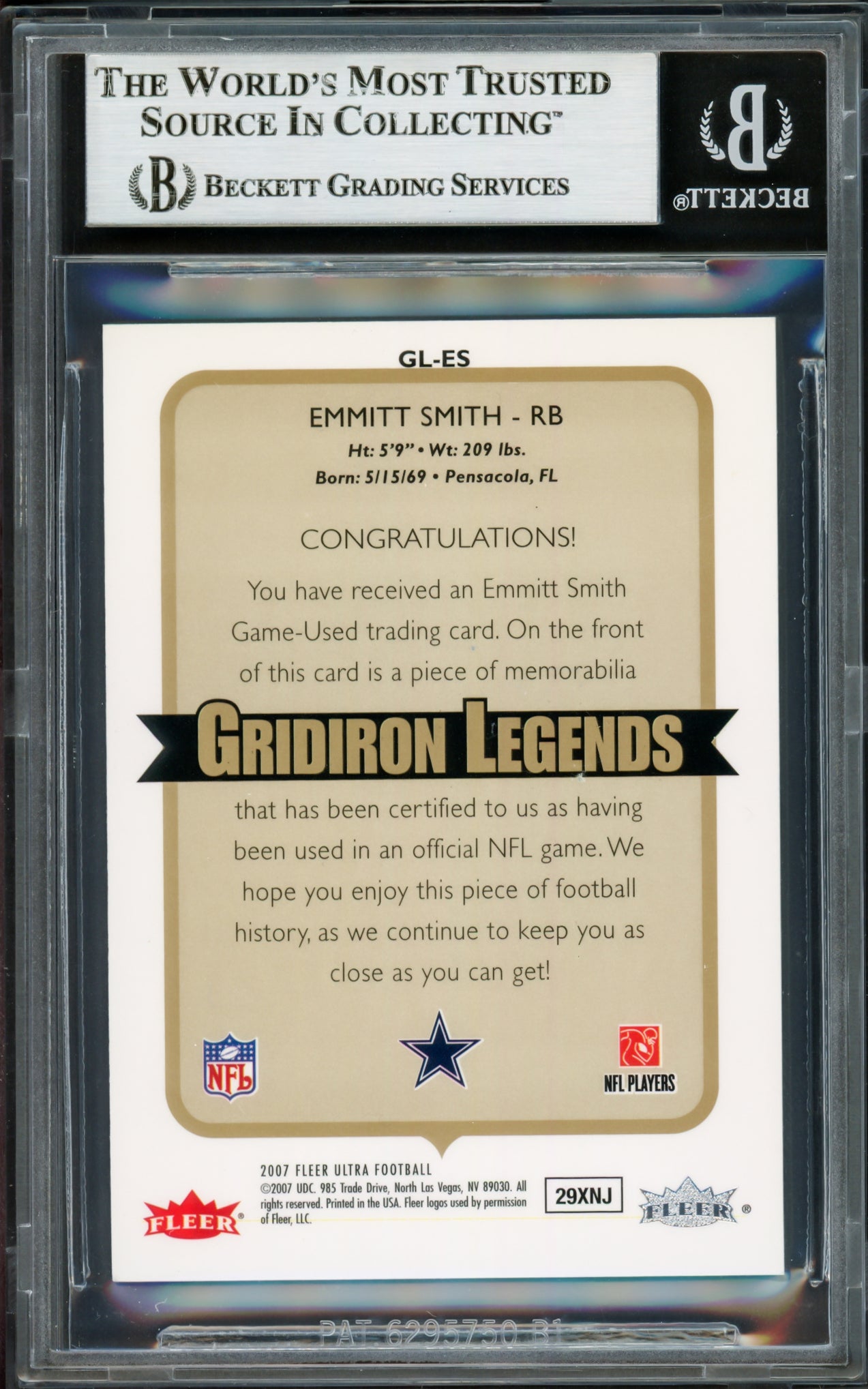 Emmitt Smith Autographed 2013 Topps Gridiron Legends Game Used Jersey Card #GLES Dallas Cowboys With Game Used Jersey Patch Beckett BAS #16900956