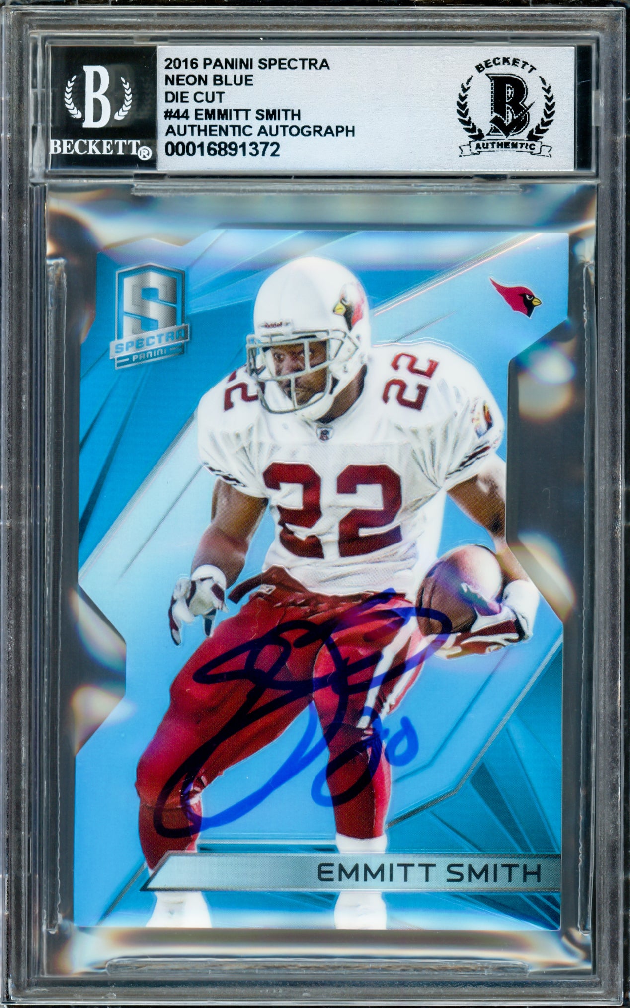 Emmitt Smith Autographed 2016 Panini Spectra Neon Blue Die Cut Card #44 Arizona Cardinals Auto Grade Gem Mint 10 #6/35 Beckett BAS #16891372