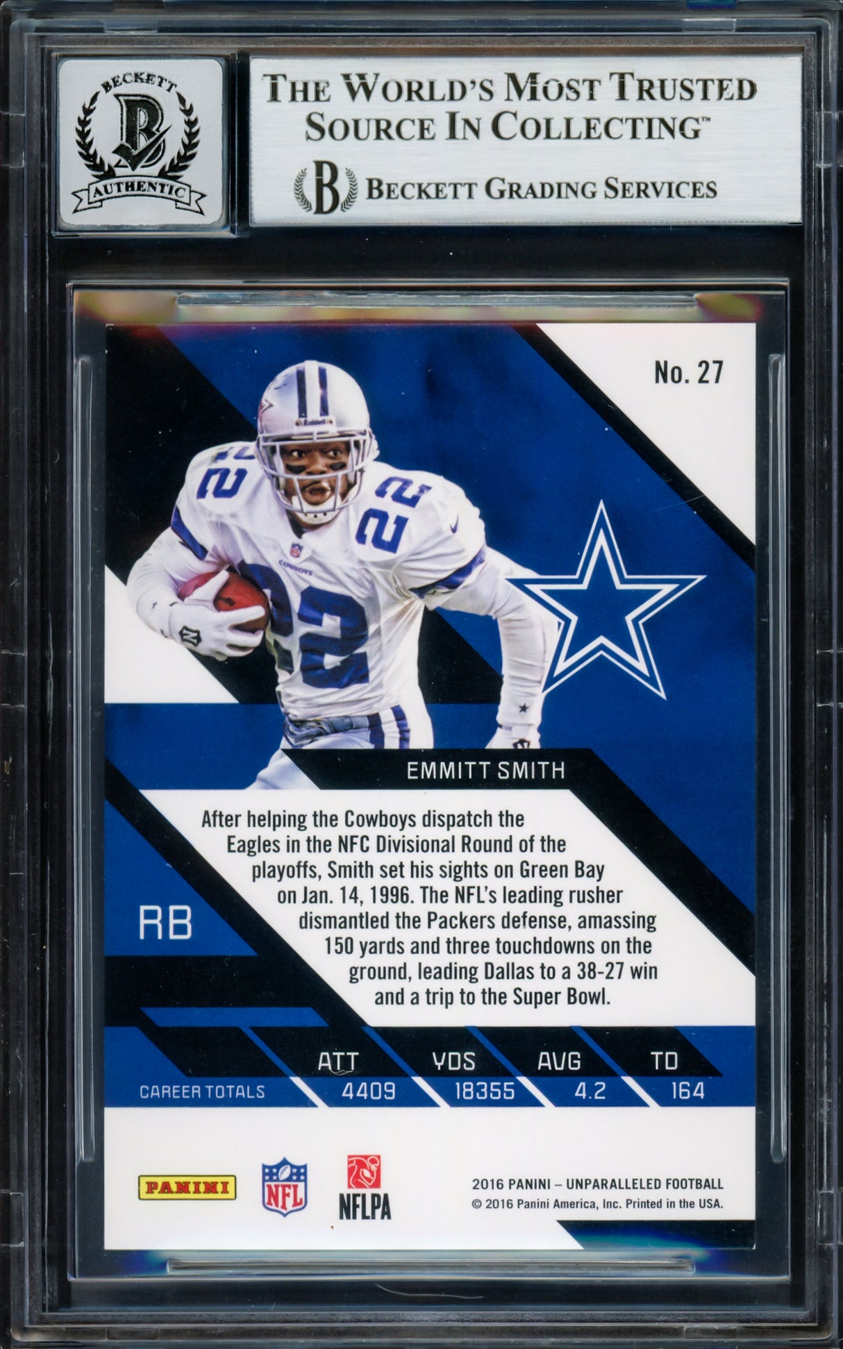 Emmitt Smith Autographed 2016 Panini Unparalleled Orange Card #27 Dallas Cowboys Auto Grade Gem Mint 10 #75/99 Beckett BAS #16898210