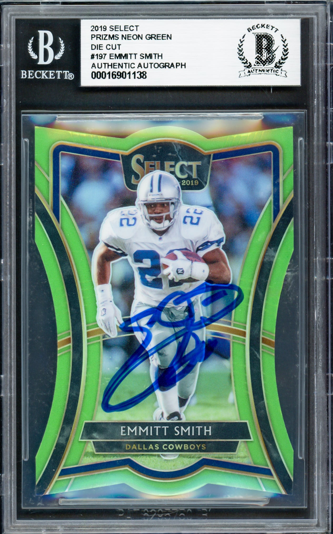 Emmitt Smith Autographed 2019 Select Prizms Neon Green Die Cut Card #197 Dallas Cowboys #30/49 Beckett BAS #16901138