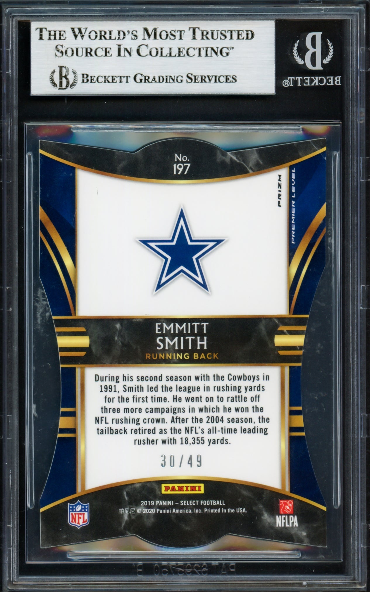 Emmitt Smith Autographed 2019 Select Prizms Neon Green Die Cut Card #197 Dallas Cowboys #30/49 Beckett BAS #16901138