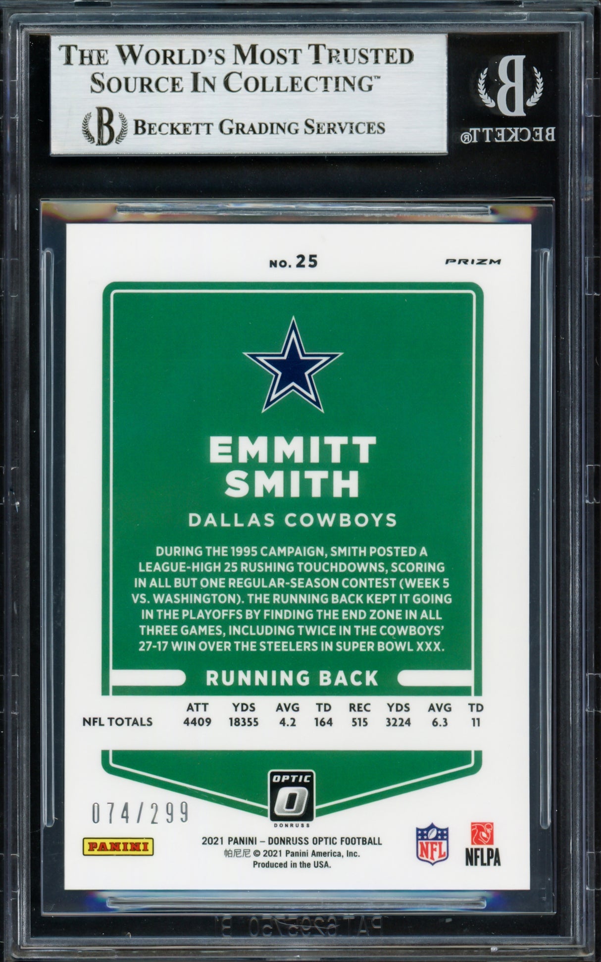 Emmitt Smith Autographed 2021 Donruss Optic Wave Card #25 Dallas Cowboys #/299 Beckett BAS Stock #233600