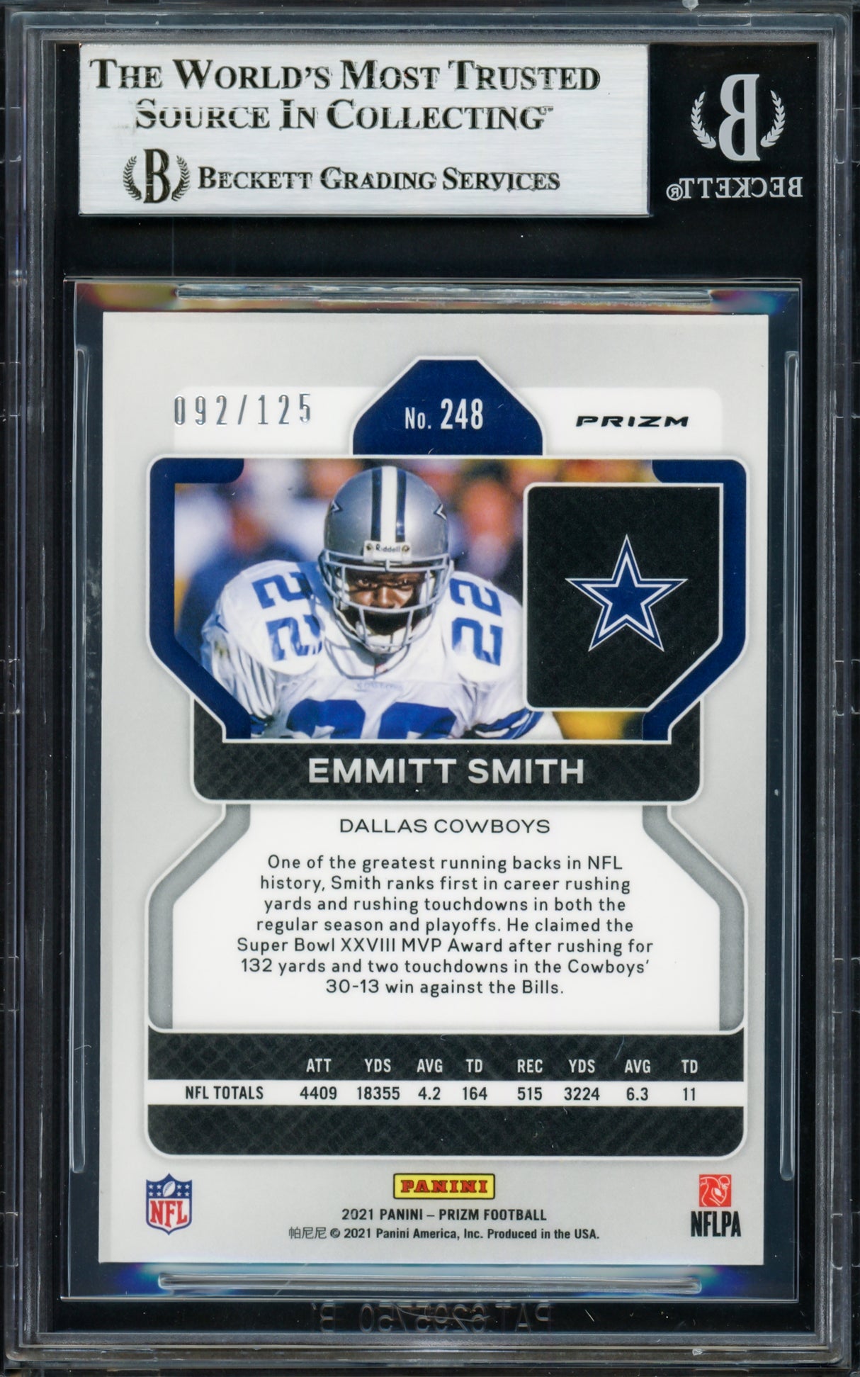 Emmitt Smith Autographed 2021 Panini Prizm Prizms Purple Card #248 Dallas Cowboys #92/125 Beckett BAS #16900754