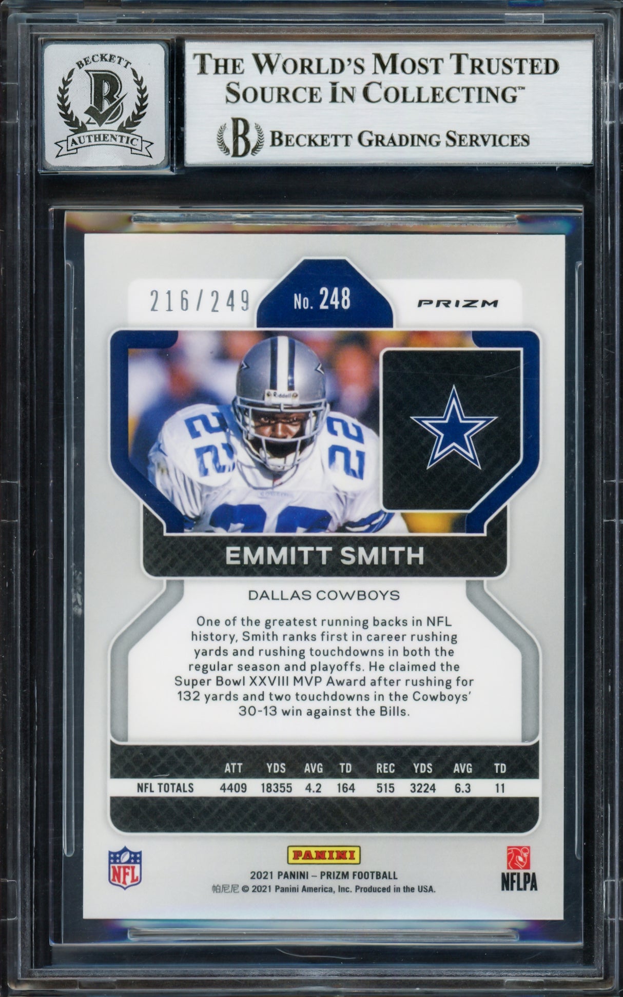 Emmitt Smith Autographed 2021 Panini Prizm Prizms Orange Card #248 Dallas Cowboys Auto Grade Gem Mint 10 #216/249 Beckett BAS #16898207