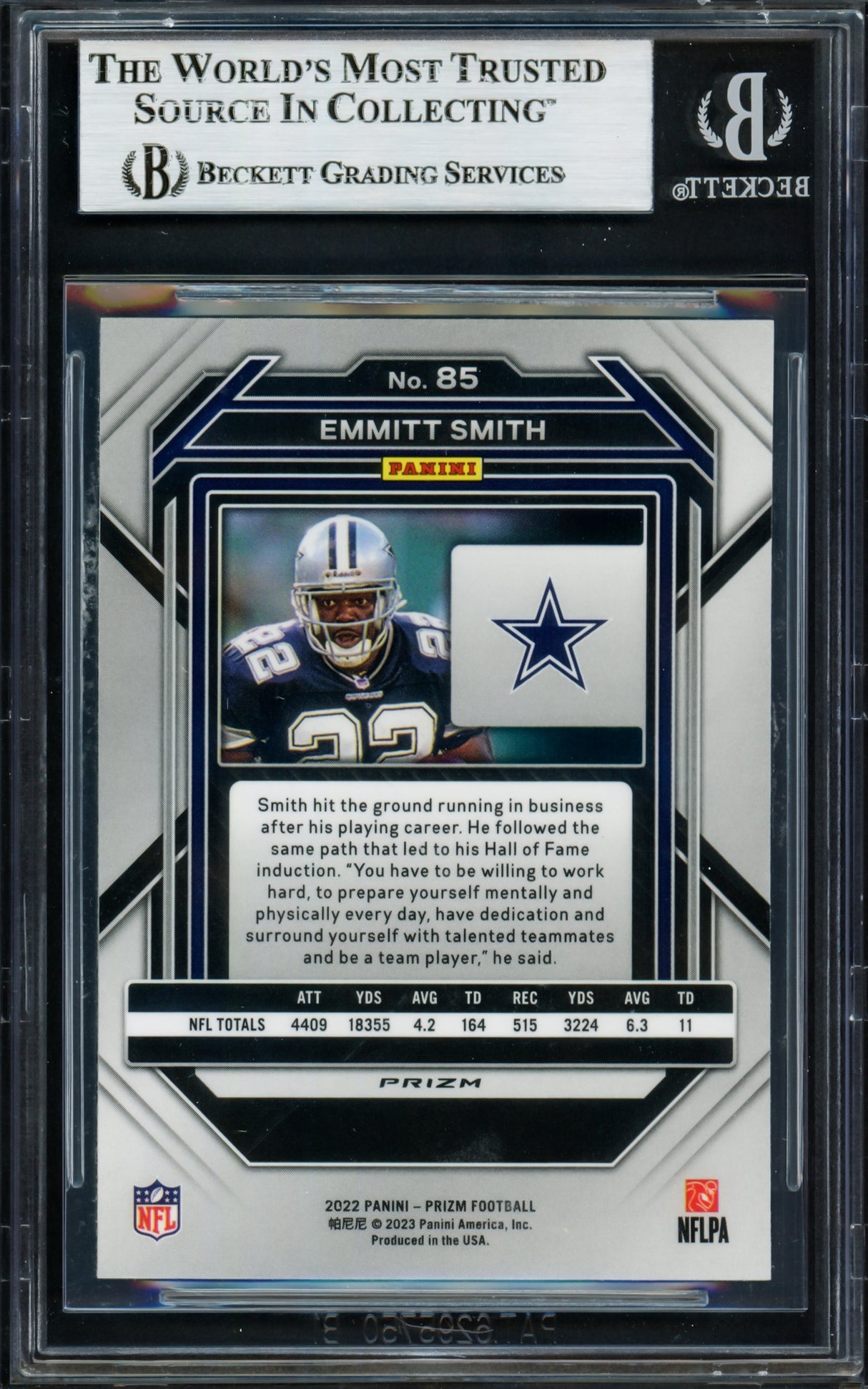 Emmitt Smith Autographed 2022 Panini Prizm Prizms Light Blue Card #85 Dallas Cowboys Beckett BAS #16900743