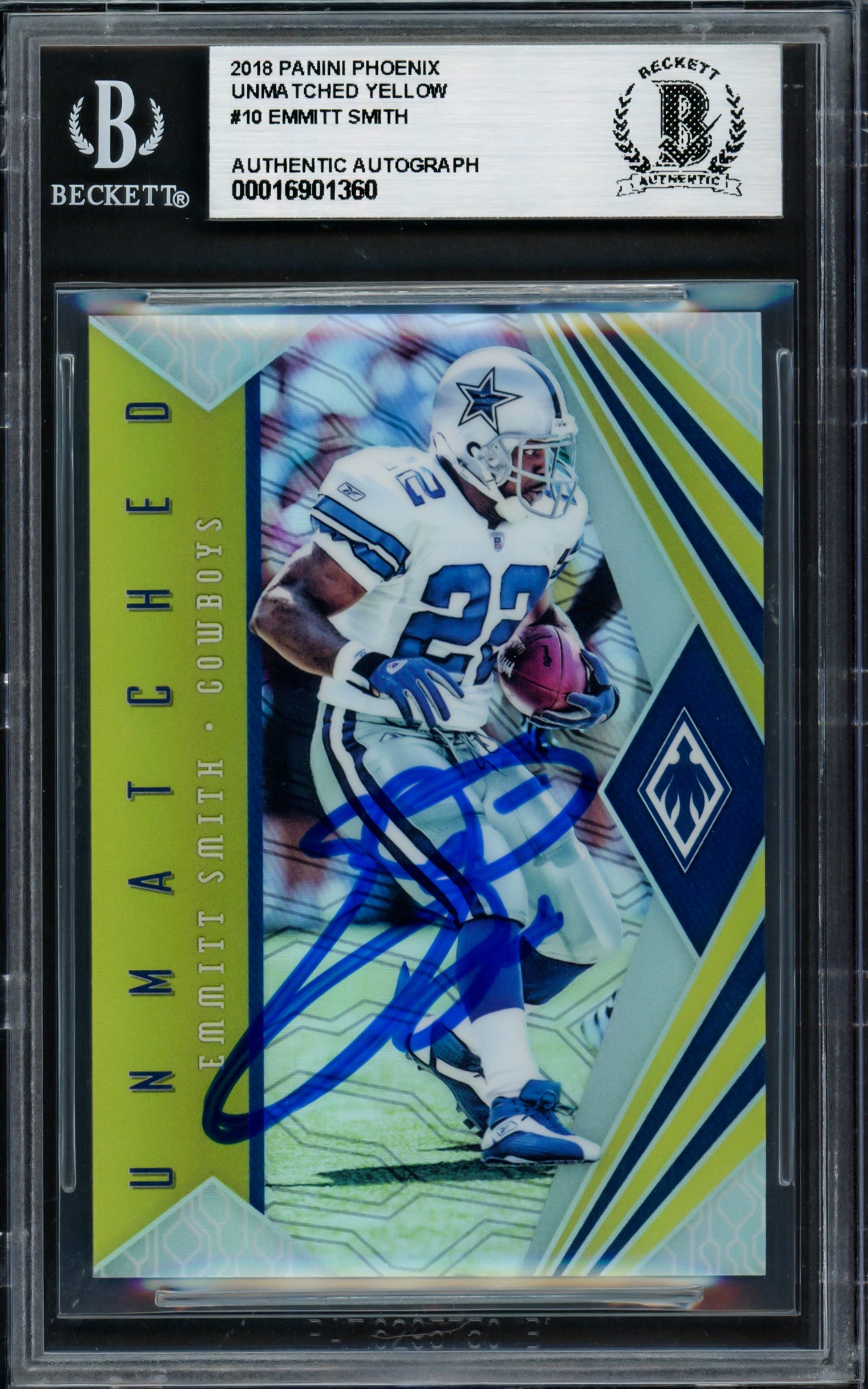 Emmitt Smith Autographed 2018 Panini Phoenix Unmatched Yellow Card #10 Dallas Cowboys #17/25 Beckett BAS #16901360