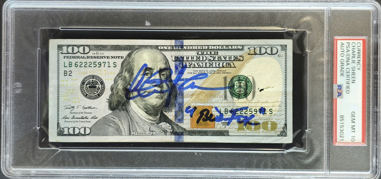 Charlie Sheen Autographed $100 Bill Wall Street Movie Auto Grade Gem Mint 10 "Bud Fox" (Tear) PSA/DNA SKU #233630