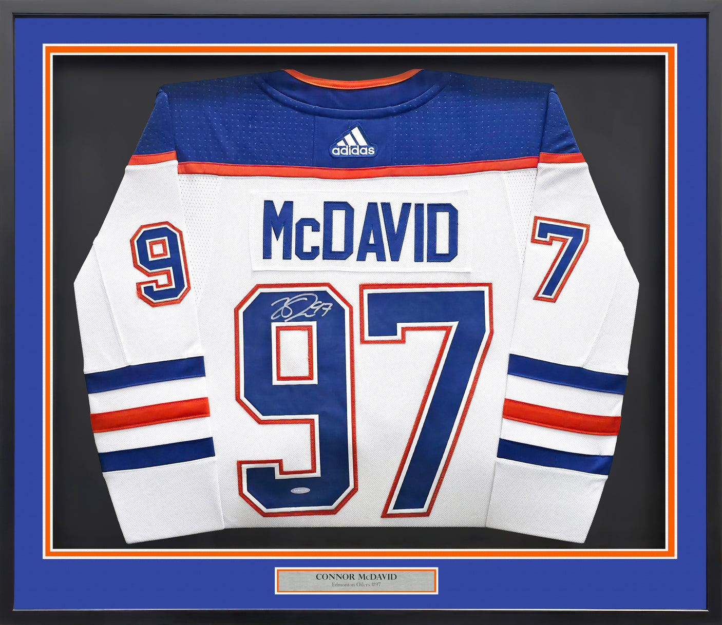 Edmonton Oilers Connor McDavid Autographed Framed White Authentic Adidas Jersey UDA Holo Stock #249481