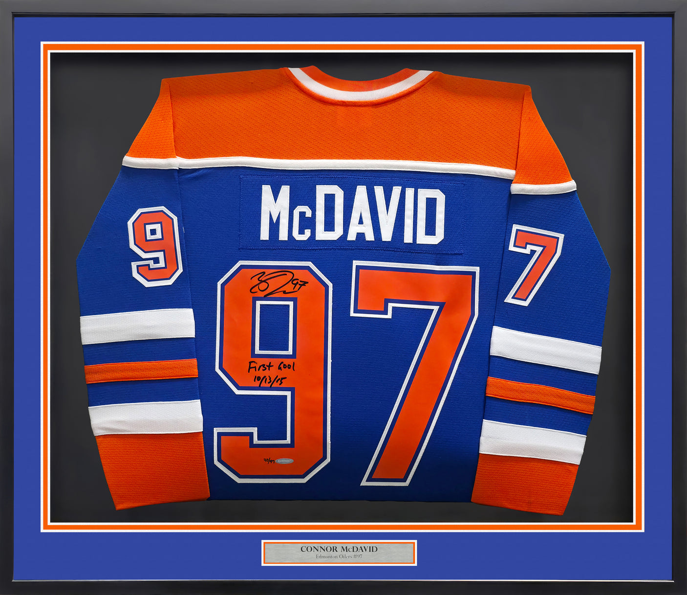 Edmonton Oilers Connor McDavid Autographed Framed 2015 Alternate Blue Authentic Mitchell & Ness Jersey "1st Goal 10/13/15" #/97 UDA Holo Stock #249483