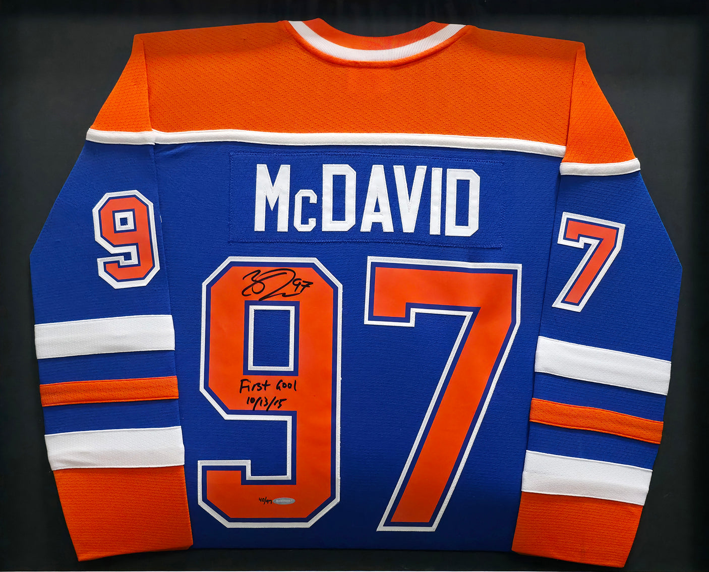 Edmonton Oilers Connor McDavid Autographed Framed 2015 Alternate Blue Authentic Mitchell & Ness Jersey "1st Goal 10/13/15" #/97 UDA Holo Stock #249483