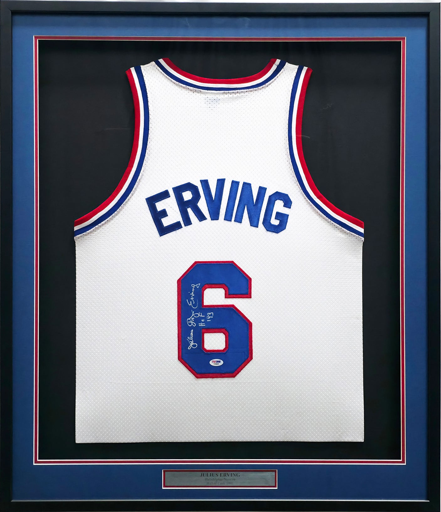 Philadelphia 76ers Julius "Dr. J" Erving Autographed Framed White Jersey PSA/DNA Stock #249480
