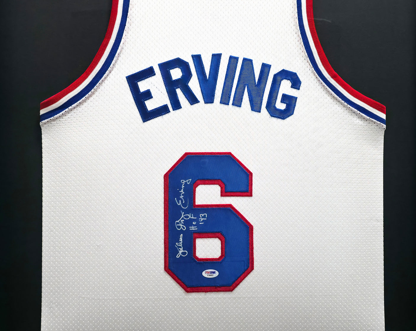 Philadelphia 76ers Julius "Dr. J" Erving Autographed Framed White Jersey PSA/DNA Stock #249480