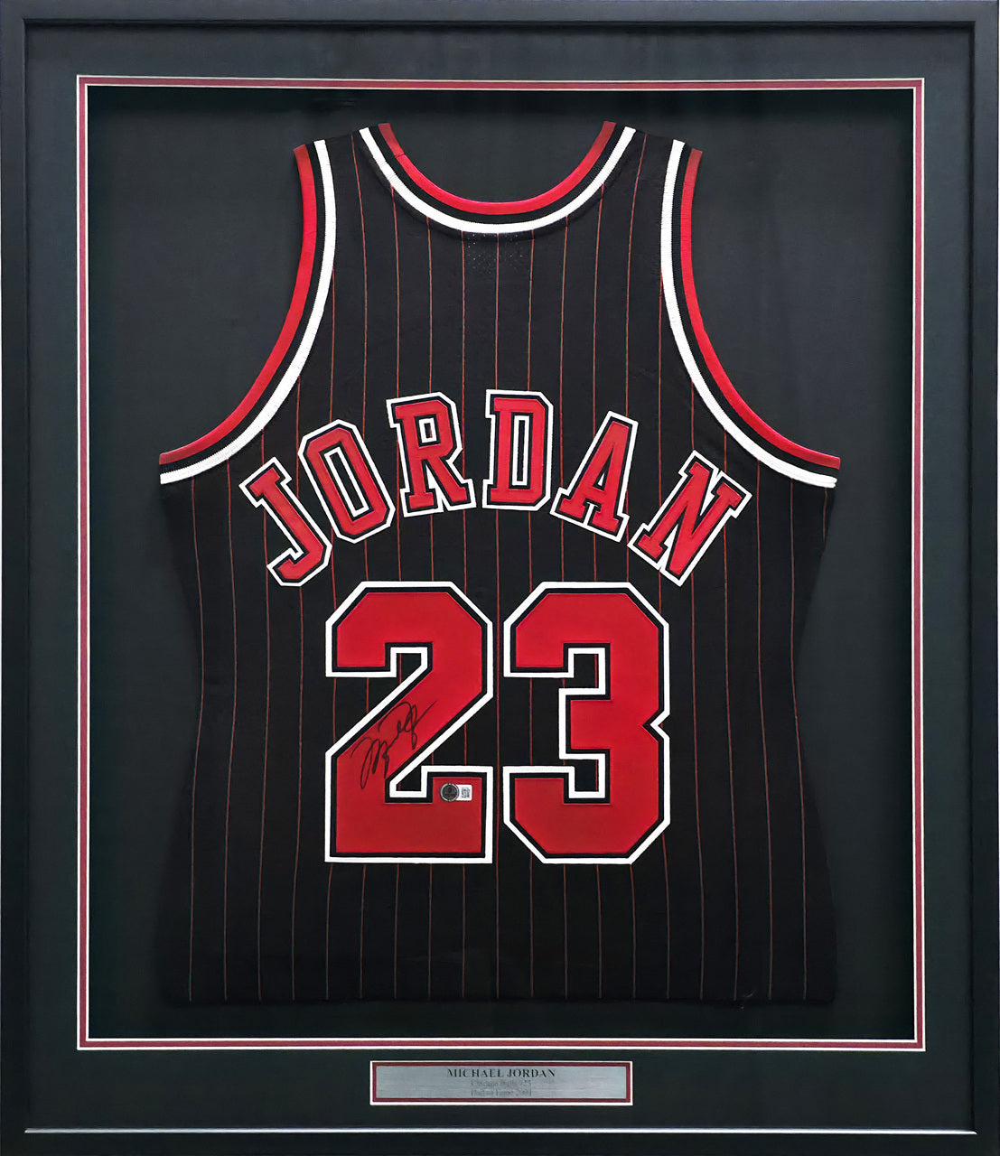 Chicago Bulls Michael Jordan Autographed Framed Black Pinstripes Authentic Mitchell & Ness Jersey Beckett BAS #AE03236