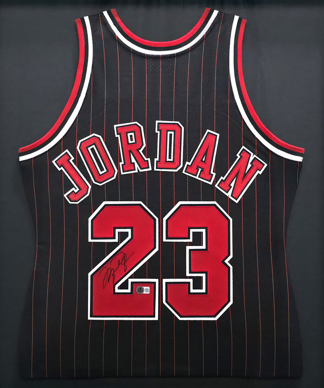 Chicago Bulls Michael Jordan Autographed Framed Black Pinstripes Authentic Mitchell & Ness Jersey Beckett BAS #AE03236