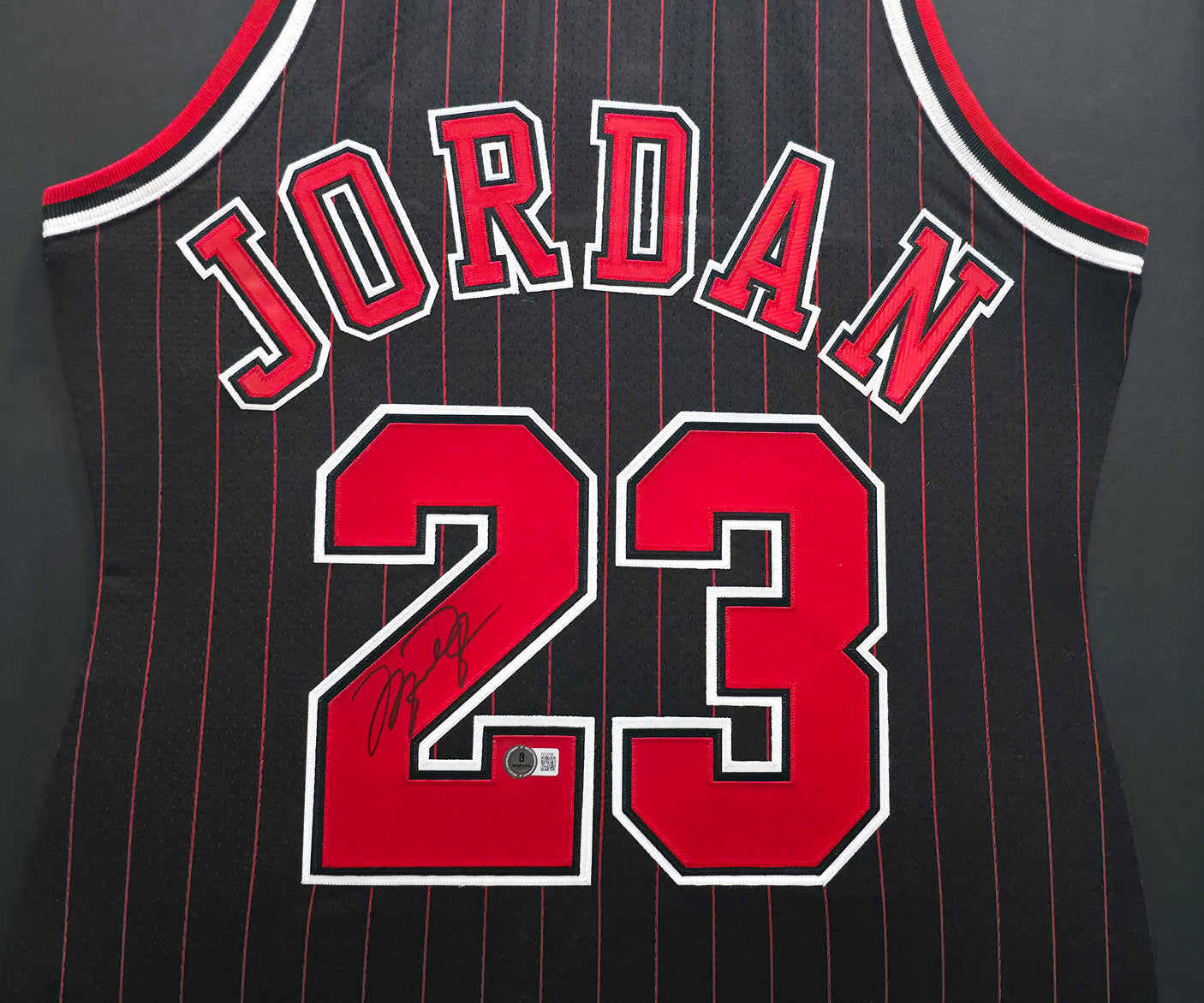 Chicago Bulls Michael Jordan Autographed Framed Black Pinstripes Authentic Mitchell & Ness Jersey Beckett BAS #AE03236
