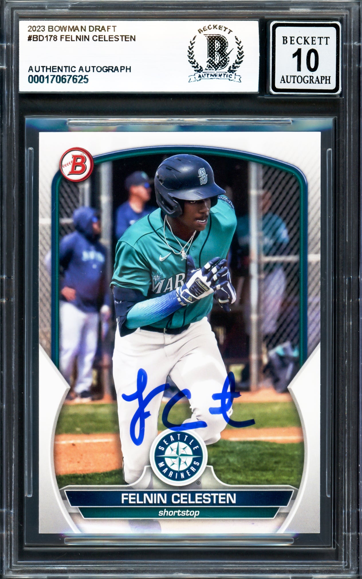 Felnin Celesten Autographed 2023 Bowman Draft Rookie Card #BD178 Seattle Mariners Auto Grade Gem Mint 10 Beckett BAS Stock #233953