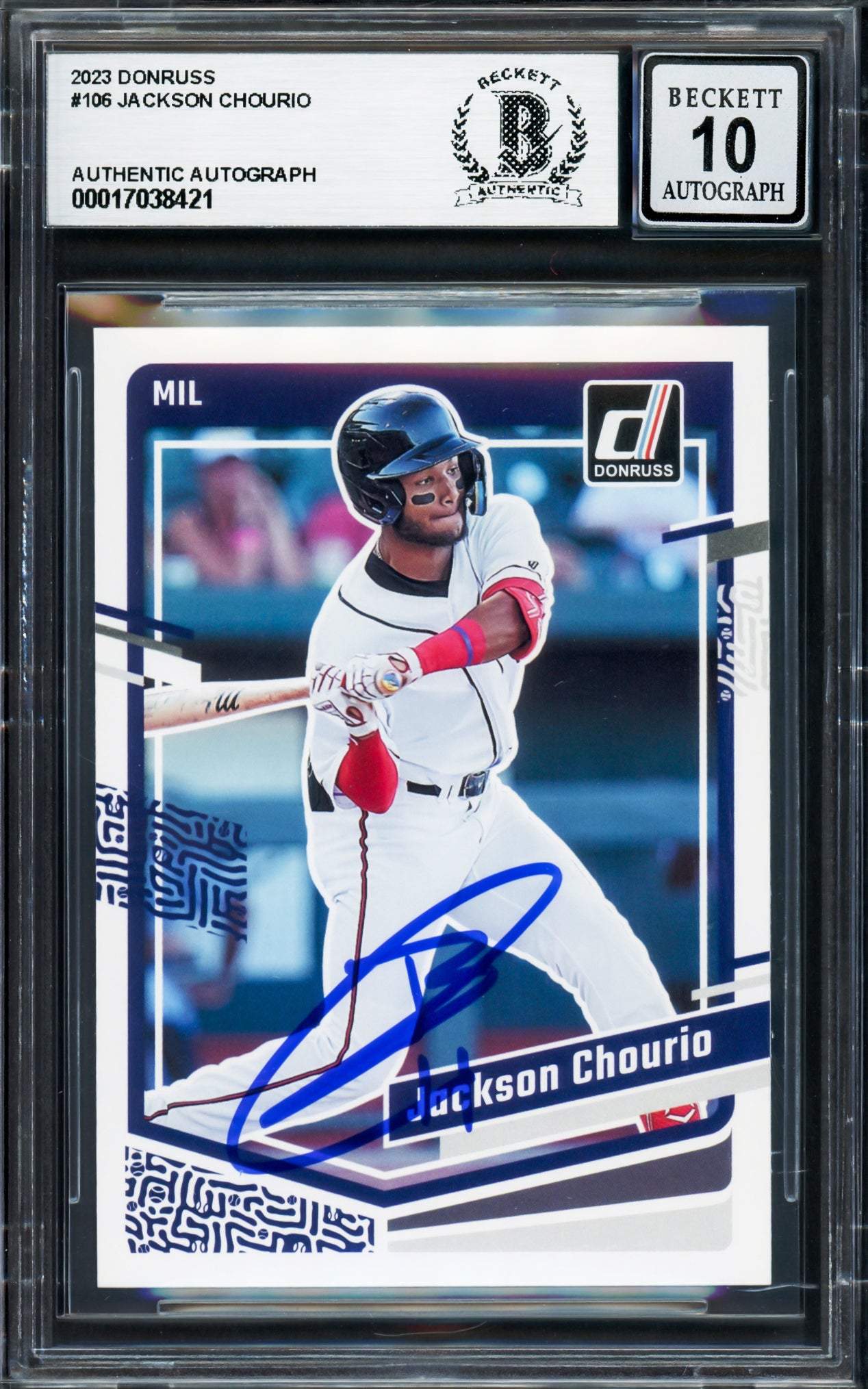 Jackson Chourio Autographed 2023 Donruss Rookie Card #106 Milwaukee Brewers Auto Grade Gem Mint 10 Beckett BAS Stock #233958