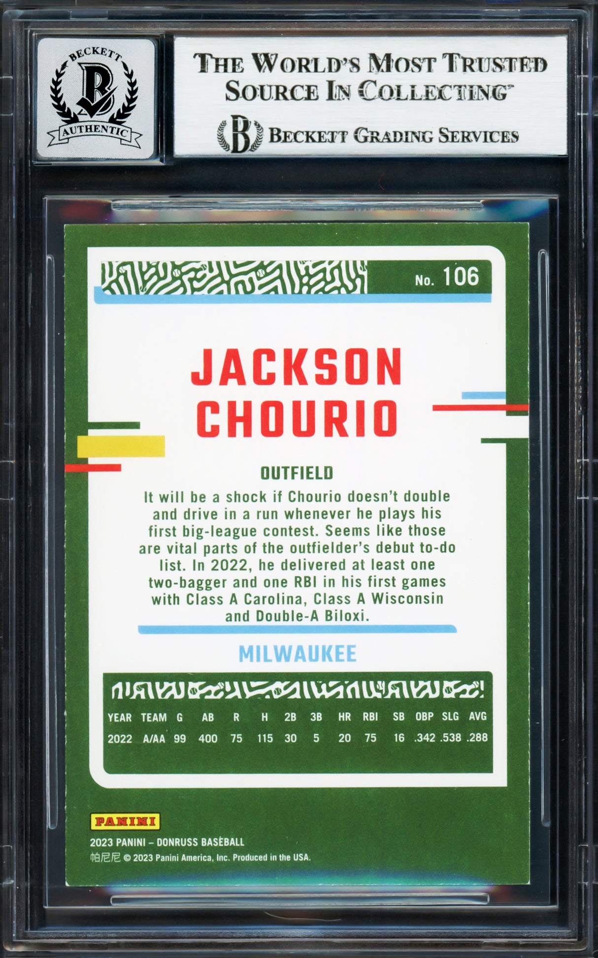 Jackson Chourio Autographed 2023 Donruss Rookie Card #106 Milwaukee Brewers Auto Grade Gem Mint 10 Beckett BAS Stock #233958