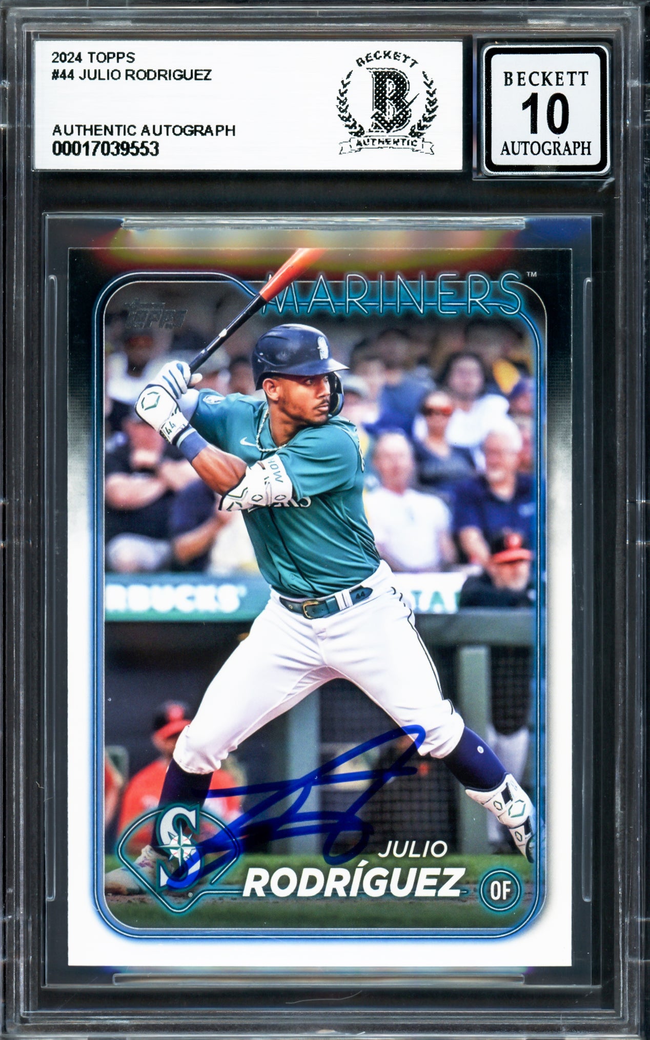 Julio Rodriguez Autographed 2024 Topps Card #44 Seattle Mariners Auto Grade Gem Mint 10 Beckett BAS Stock #233982